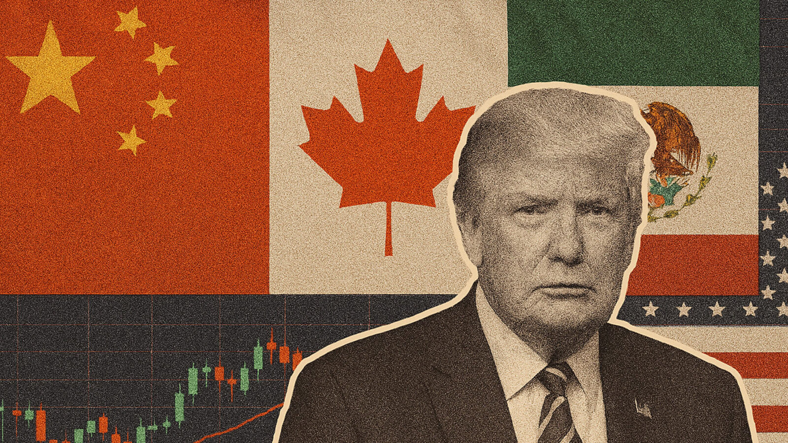 Textured graphic representation of Trump's trade war and 2025 tariff proposals affecting major US trading partners