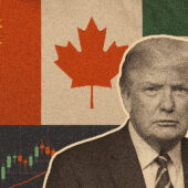 Textured graphic representation of Trump's trade war and 2025 tariff proposals affecting major US trading partners