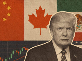 Textured graphic representation of Trump's trade war and 2025 tariff proposals affecting major US trading partners