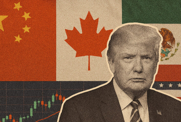 Textured graphic representation of Trump's trade war and 2025 tariff proposals affecting major US trading partners