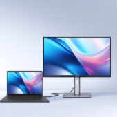ront view of the ASUS ProArt professional monitor connected to a MacBook Pro via USB-C, demonstrating the M Model P3 color matching feature for creative professionals.