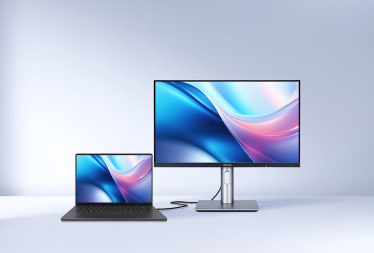 ront view of the ASUS ProArt professional monitor connected to a MacBook Pro via USB-C, demonstrating the M Model P3 color matching feature for creative professionals.